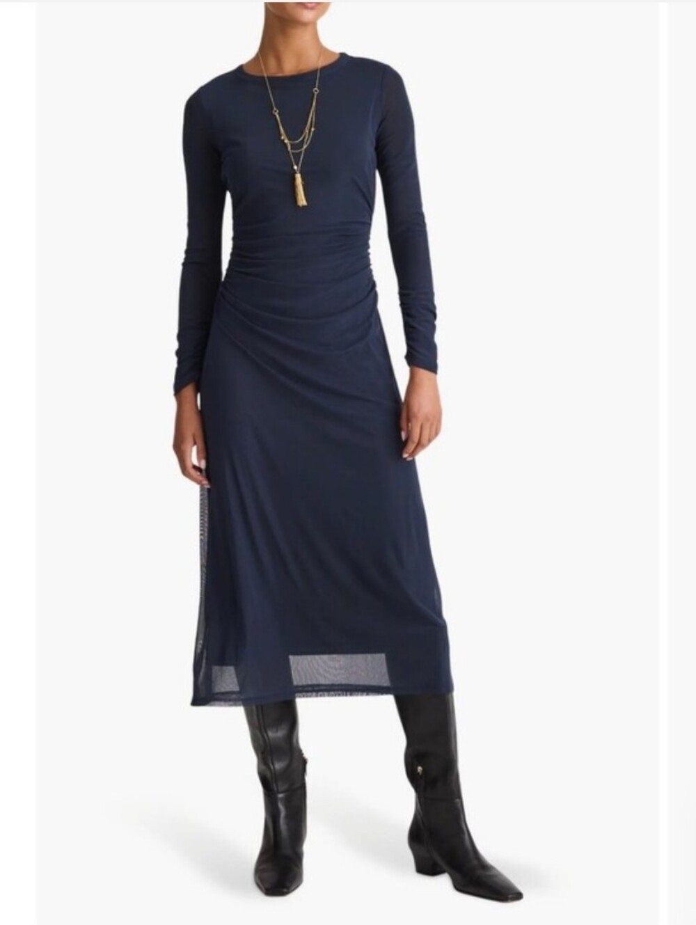 Madewell Long-Sleeve Ruched Midi Dress NY670bsize M Navy